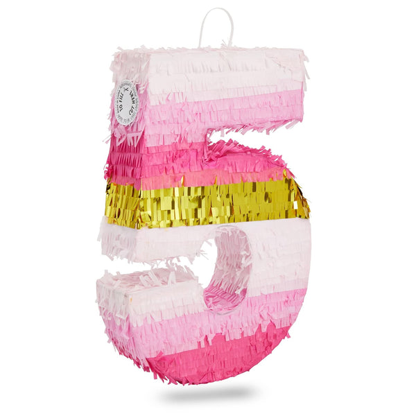 Number 5 Pinata, Pink and Gold Foil for Girls 5th Birthday Party Decorations (Small, 16.5 x 11.6 x 3 In) - image 1