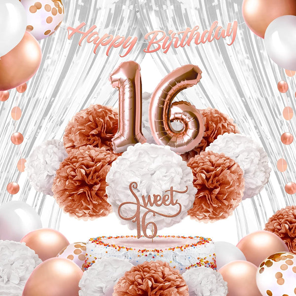EpiqueOne 41-Piece Rose Gold Sweet 16 Birthday Decoration for Girls | Includes Happy Birthday Banner, Cake Topper, Tissue Pom Poms & More | Easy to Set Up | Also Ideal for Bridal & Baby Showers & More - image 1