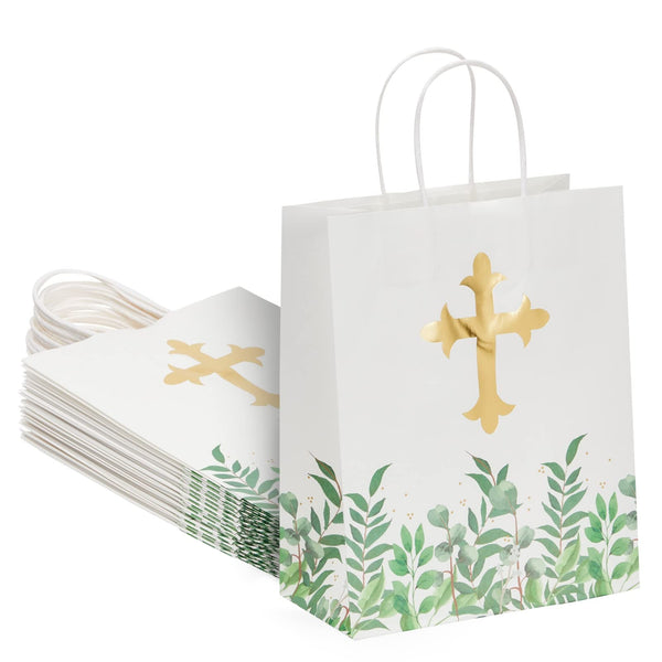 Faithful Finds 15-Pack Baptism Gift Bags - 8 x 10 x 4 in - Gold, White & Green Catholic Paper Favor Bags with Handles - For Christening, First Communion, Confirmation & Candy Favors - image 1