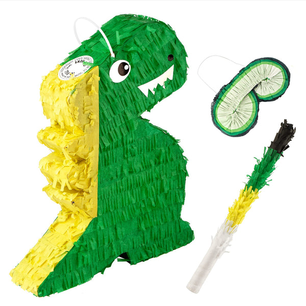 IMPRESA Dinosaur Pinata - Blindfold & Baton for Dino Party Games - 3-Lb Candy Capacity for Birthday Pinata - Vibrant Green Dino Design for Party Decoration - Green, Paper, Pack of 1 - image 1