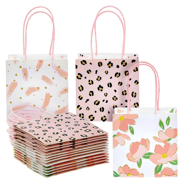 Sparkle and Bash Party Favor Bags with Handles - 12-Pack, 5 x 5 x 3 In, Pink Floral & Animal Assortment - Mini Gift Bags for Jewelry, Candies & Small Favors - image 1