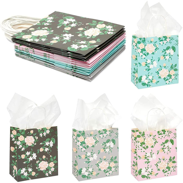 Sparkle and Bash 12 Mini Floral Gift Bags - 8 x 9 x 4 in Multicolor Pack - Party & Thank You Favors - For Baby & Bridal Showers - image 1