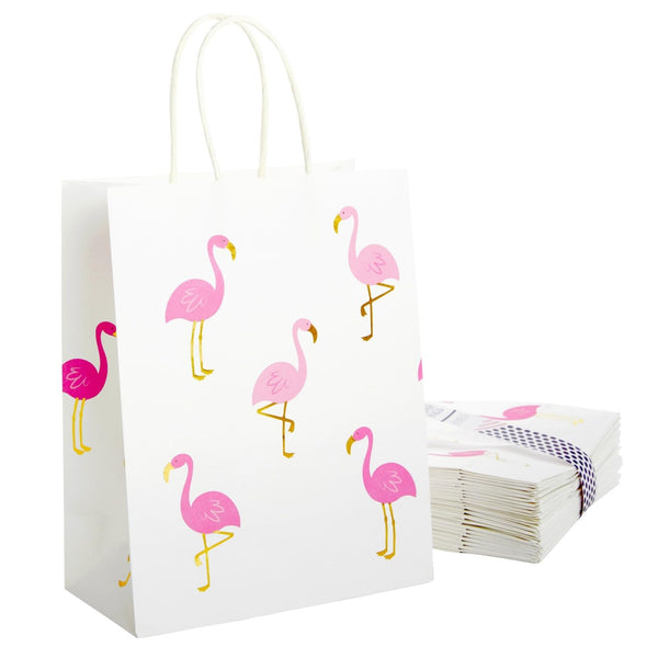 Sparkle and Bash Flamingo Party Favor Bags - Gift Bag with Sturdy Handle for Flamingo Party Decorations - Baby Shower Goody Pouches & Favor Sacks - Pack of 24, 8 x 10 x 4 in, White, Pink & Gold Foil - image 1