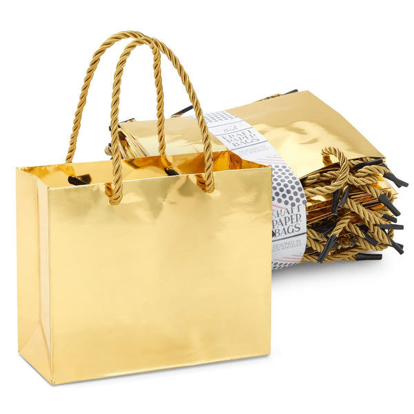 Sparkle and Bash Gold Goodie Bags - Mini Metallic Gold Reusable Paper Bags for Party Favors, Pack of 24, 6 x 5 x 2.5 Inches, Rope Handles - image 1