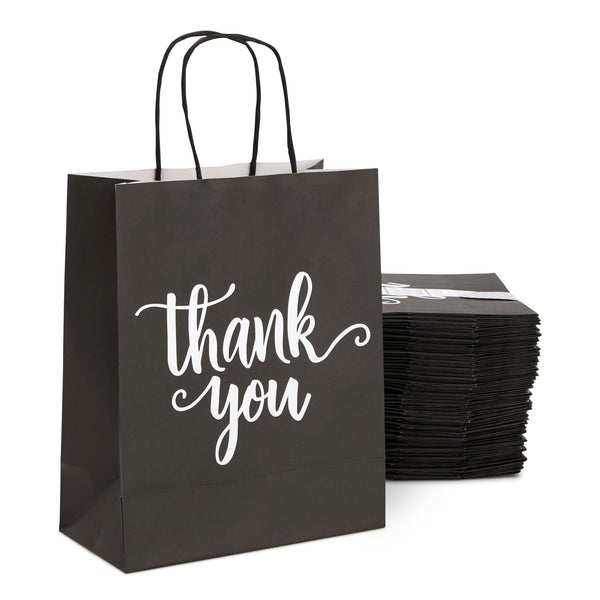 Sparkle and Bash Medium Black Thank You Paper Bags with Handles - Bulk Gift Bag Option for Events & Businesses - Flat-Bottom Thank You Totes for Parties & Boutique - Pack of 50 - 10 x 8 x 4 in - image 1