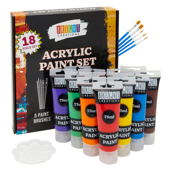 Bright Creations Acrylic Paint Set for Kids - Paint & Brush Kit with 5 Brushes & Palette - Washable Craft & Fabric Colors for Art Supplies - 12 Colors, 18-Piece Kit - image 1
