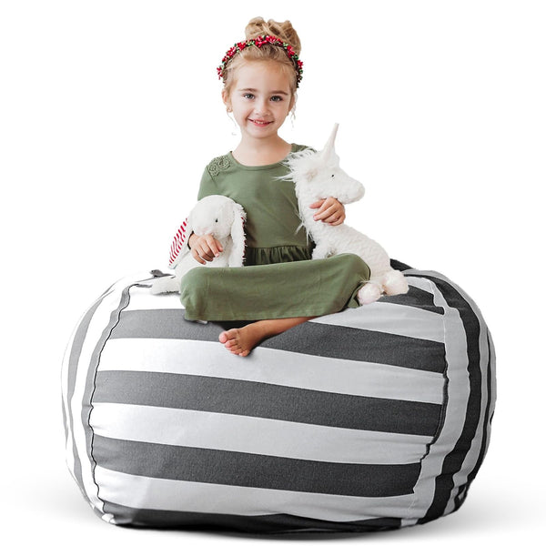 Creative QT Stuff ’n Sit Extra Large 38’’ Bean Bag Storage Cover for Stuffed Animals & Toys, Giant Beanbag Chair for Kids Ages 3-14, Bedroom Organizer, Grey/White Striped - image 1