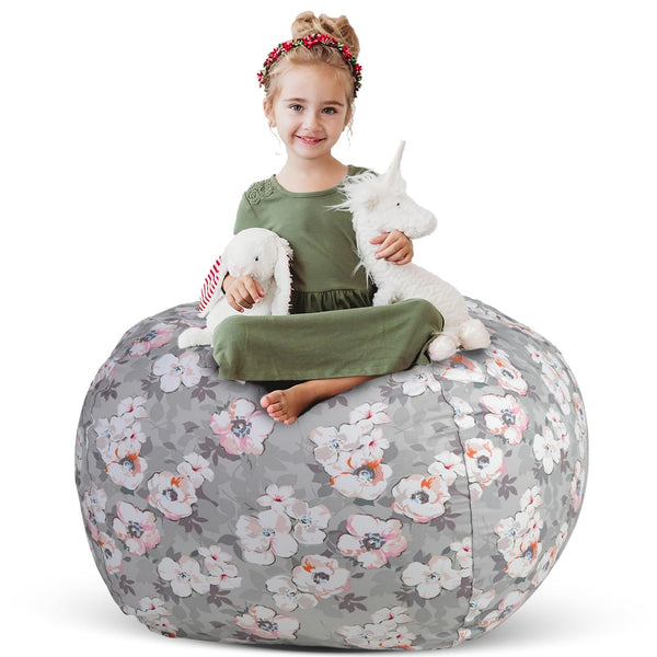 Creative QT Stuff ’n Sit Extra Large 38’’ Bean Bag Storage Cover for Stuffed Animals & Toys, Giant Beanbag Chair for Kids Ages 3-14, Bedroom Organizer, Grey Floral - image 1