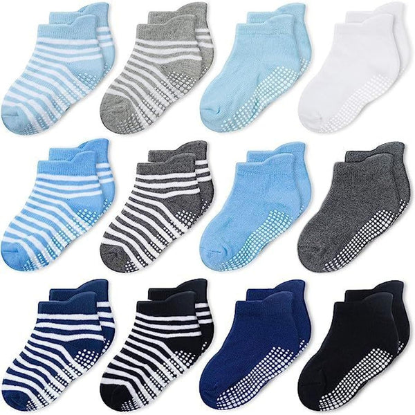 CozyWay Baby & Toddler Socks with Grippers Non Slip Ankle Grip Socks For Boys and Girls - Comfy Soft Cotton 3T-5T Blue / White 12 Pack - image 1