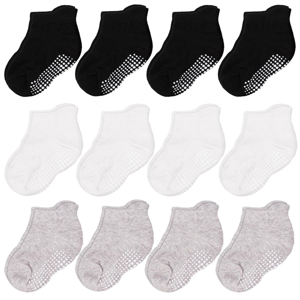 CozyWay Toddler Socks with Ankle Grips - Non-Slip Baby Socks with Grips - Grippy Pair for Toddlers Girls - 1T-3T, Black/White/Gray, Pack of 12 - image 1