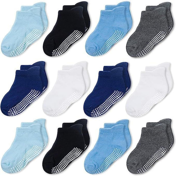 CozyWay Baby & Toddler Socks with Grippers Non Slip Ankle Grip Socks For Boys and Girls - Comfy Soft Cotton 6-12 Months Blue White Black 12 Pack - image 1