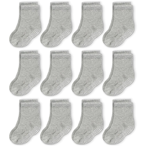 CozyWay Baby Socks & Toddler Socks with Grippers - 0-6 Months Gray Crew Grip 12 Pack - Non Slip Grips for Infant Safety - Breathable Cotton with Arch Support - for Baby Boys & Girls - image 1