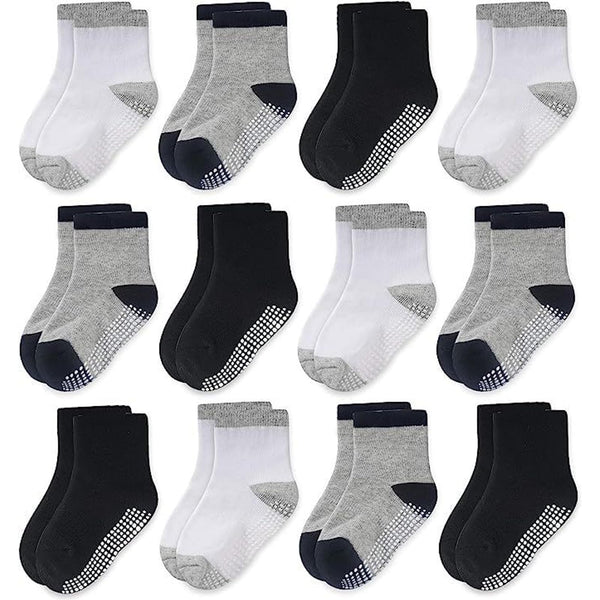 CozyWay Crew Grip Toddler Socks - Non-Slip & Soft Cotton Socks for Toddlers - Easy Pull-On Fit for Little Girls - 1T-3T, Crew, White & Black, Pack of 12 - image 1