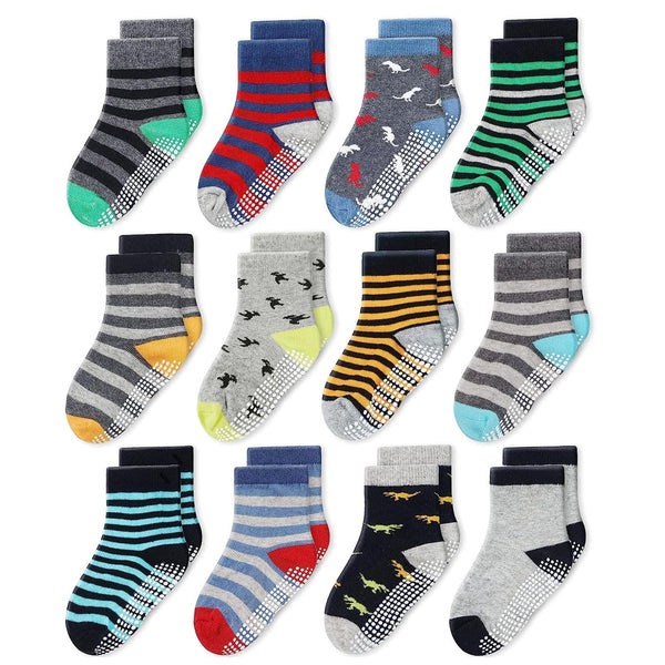 CozyWay Toddler Grip Socks - Non-Slip Gripper Socks for Toddler Girls - Cotton Comfort with Ankle Style for Boys - 1T-3T Gray/Yellow 12 Pack - image 1