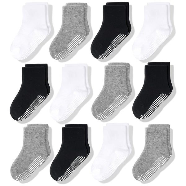 CozyWay Toddler Grip Socks - Soft Cotton Comfort & Toddler Cotton Socks - Non-Slip Grippers & Grippy Pairs for Kids - 3T-5T, Black/White/Gray, 12-Pack - image 1