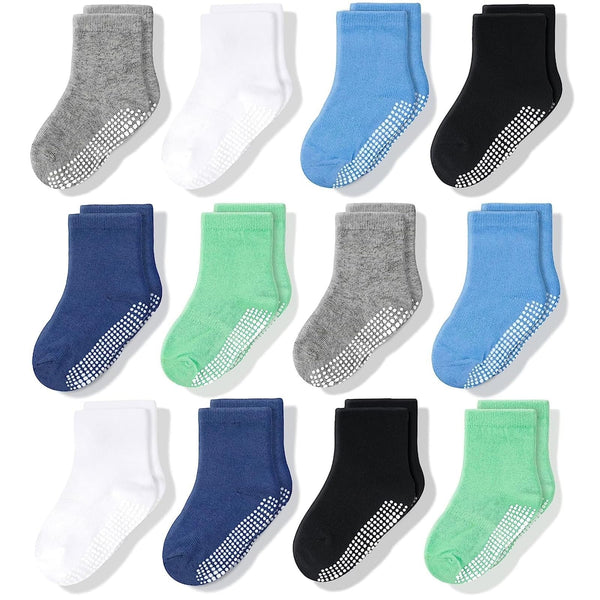 CozyWay Baby & Toddler Socks With Grippers Non Slip Crew Grip Socks for Girls and Boys Soft Comfy Cotton 1T-3T Blue White Green 12 Pack - image 1