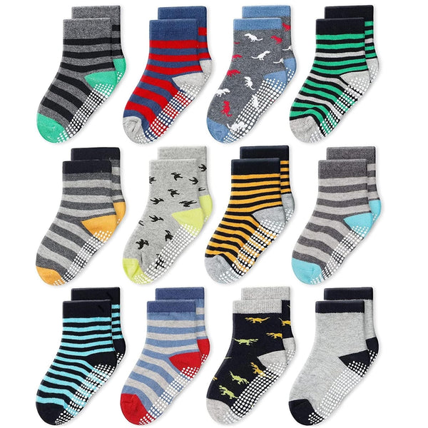 CozyWay Baby & Toddler Socks With Grippers Non Slip Crew Grip Socks for Girls and Boys Soft Comfy Cotton 6-12 Months Gray/Yellow Multicolor 12 Pack - image 1