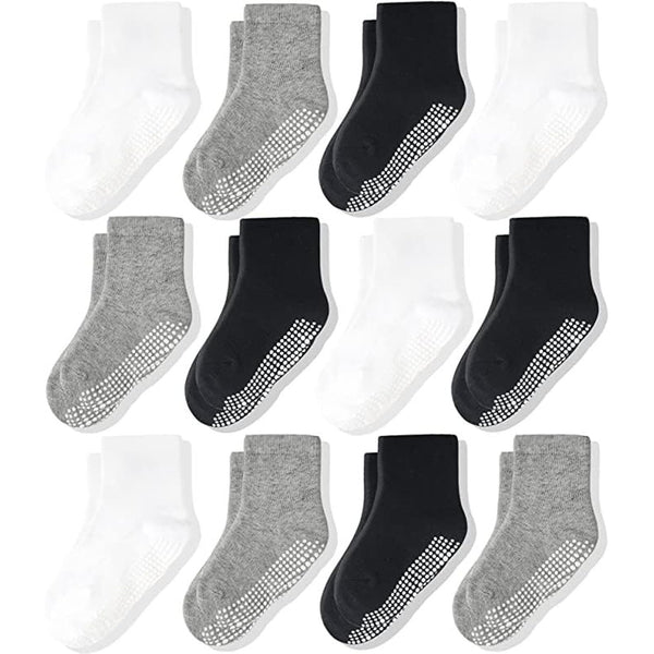 CozyWay Toddler Socks with Non-Slip Grippers - Grippy Cotton Socks for Toddlers - Crew & Ankle Styles for Boys & Girls - 1T-3T, Black White Gray, 12 Pack - image 1