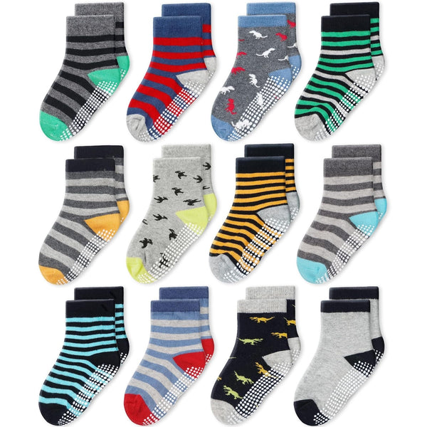 CozyWay Kids Crew Grip Socks - Soft Cotton Comfort Boys & Kids Socks - Durable Non-Slip Grippers - 5-7 Years, Gray/Yellow Multicolor - Pack of 12 - image 1