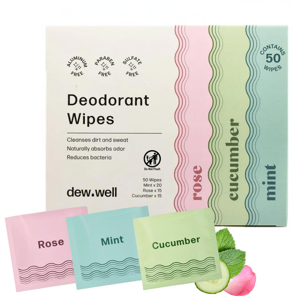 Dew Well Deodorant Wipes - On-the-Go Travel Deodorant - Fresh Mint, Rose & Cucumber Scents Body Wipes for Women - Aluminum, Paraben & Sulfate Free Mini Toiletries - 50 Count, Mint/Rose/Cucumber - image 1