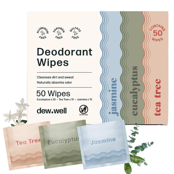 Dew Well Refreshing Deodorant Wipes, Refresh Body Deodorant Wipes, A Fresh Start When You’re On the Go, Aluminum, Paraben, and Sulfate Free, Variety Pack (Tea Tree, Eucalyptus, Jasmine) - image 1