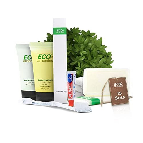 ECO Amenities 60 Pcs, 4-Piece Travel Size Toiletries Kit, Includes Small Bar Soap, 2 in 1 Hotel Shampoo and Conditioner Supplies for Guests, Body Lotion, Travel Toothbrush Set with Toothpaste, 15 Kits - image 1
