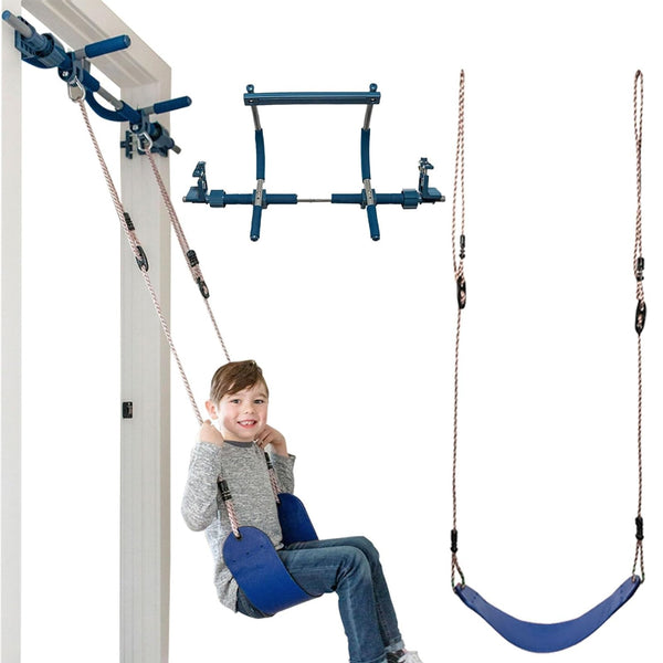 Gym1 Doorway Swing & Pull-Up Bar Gym - Pull-Up Bar Strength Training & Kids Exercise Equipment - Sensory Swing & Rope Ladder Indoor Playset - Indoor Playground for Kids - 2 Piece - Blue - image 1