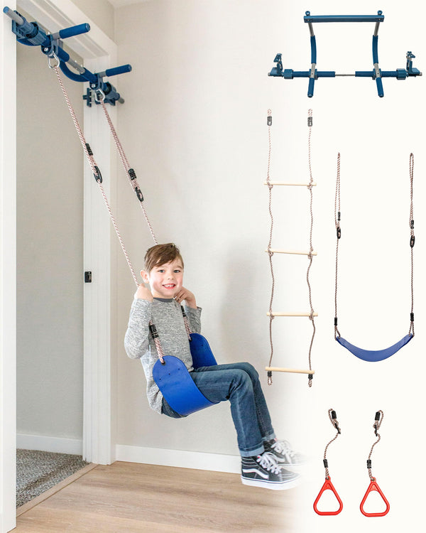 Gym1 Indoor Doorway Gym Set - Sensory Swing & Grip Rings - Adjustable Door Frame Pull-Up Bar for Kids & Adults - Door Frame Jungle Gym with Agility Ladder - 4-Piece, Blue - image 1