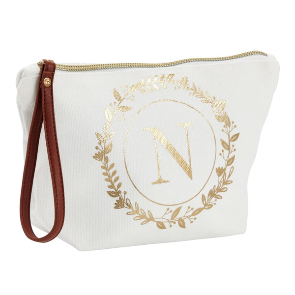 Glamlily Letter N Cosmetic Bag - Monogrammed Canvas Cosmetic Pouch - Compact Travel Makeup Bag & Toiletry Case - DIY-decorated Initial Makeup Pouch - White & Gold Floral, 10 x 3 x 6 in - image 1