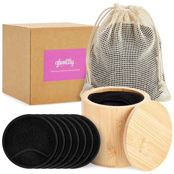 18 Pack Reusable Cotton Rounds for Makeup Removal with Bamboo Holder and Mesh Storage Bag (Black) - image 1