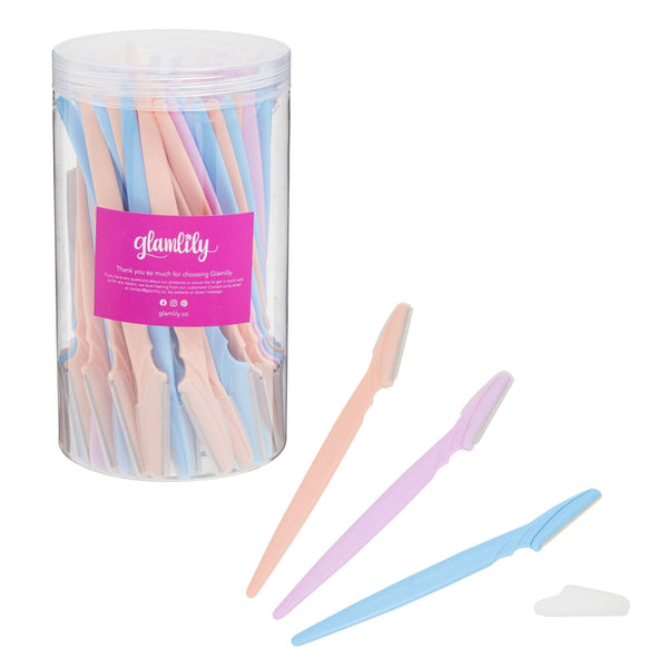 Glamlily Facial Dermaplaning Tool - Quick Facial Hair Removal & Peach Fuzz Remover - Precision Dermaplane Razor & Eyebrow Razor - Bulk Blades & Face Shaver Pack - Pack of 60, Purple/Blue/Peach - image 1