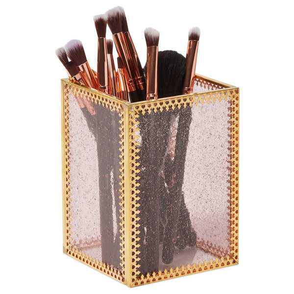 Glamlily Glass Makeup Brush Holder - Space-Saving Vanity Makeup Organizer - Vintage Brass Frame Brush Holder - Covered Glass Bathroom Organizer - 3.5 x 3.5 x 4.5 in, Pink, Brass - image 1