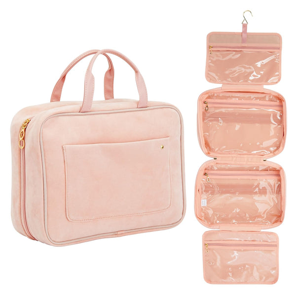 Glamlily Large Roll Up Hanging Toiletry Bag for Women, Pastel Pink Makeup Travel Organizer with S Hook for Cosmetics, Hair Accessories, Razors (13x4.5x9.75 In) - image 1