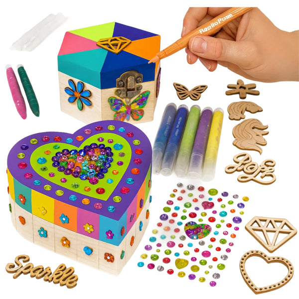 GirlZone 2 Pack DIY Wooden Jewelry Box Craft Kit, Heart & Hexagon Treasure Boxes with Paint Pens, Gem Stickers & Table Cover, Painting Art Supplies, Ideal Birthday Gift for Girls - image 1
