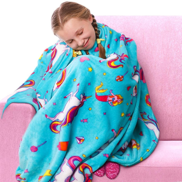GirlZone Girls Plush Throw Blanket with Mermaid & Unicorn Print - Small Single, 46 x 67 in, Blue - Heavyweight Plush Fleece Throw & Fuzzy Blanket for Tween Ages 7+ - Machine Washable - image 1