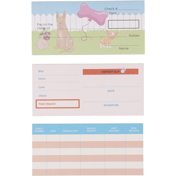 Kids Learning Checkbook Set - Multicolor, Dog Theme, 150 Sheets, 6 x 2.7 in - Homeschooling Essentials & Teaching Supplies - Pretend Checkbook, Deposit Slips & Coins for Kids - image 1