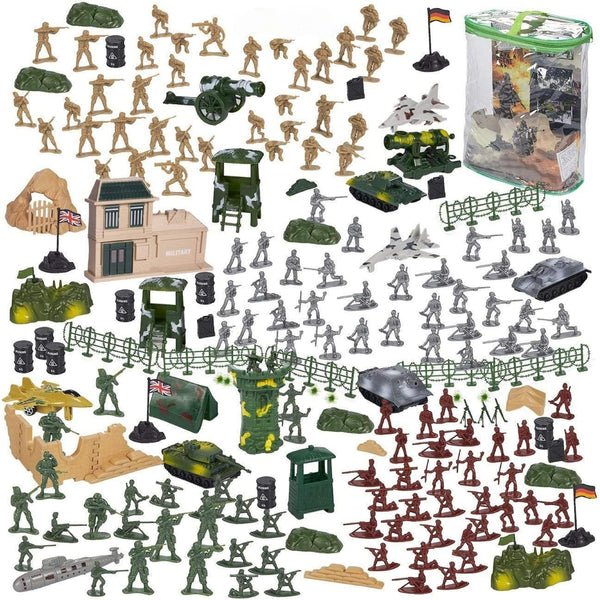 BLUE PANDA 300-Piece Army Men Action Figure Set with Zipper Bag- Red, Silver, Tan & Green Plastic Soldiers with Tanks, Planes, Flags and Accessories for Boys Age 8+ - image 1