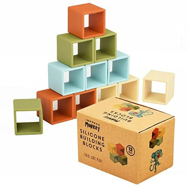 Impresa Blocks for Toddlers 1-3 - 12 Pack, 2-Inch Multicolor Silicone - Flexible Silicone Blocks for Sensory Play & Teething Toy - image 1