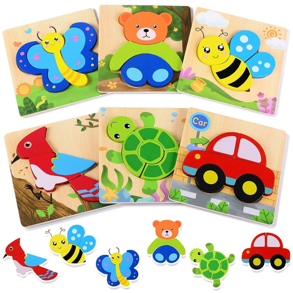 Magifire Wooden Puzzles, Set of 6 Puzzle Toys for Kids Toddlers 1–3, Baby Educational Animal Toys with Chunky Pieces & Bag - Butterfly, Bee, Woodpecker, Bear, Car, Turtle - image 1