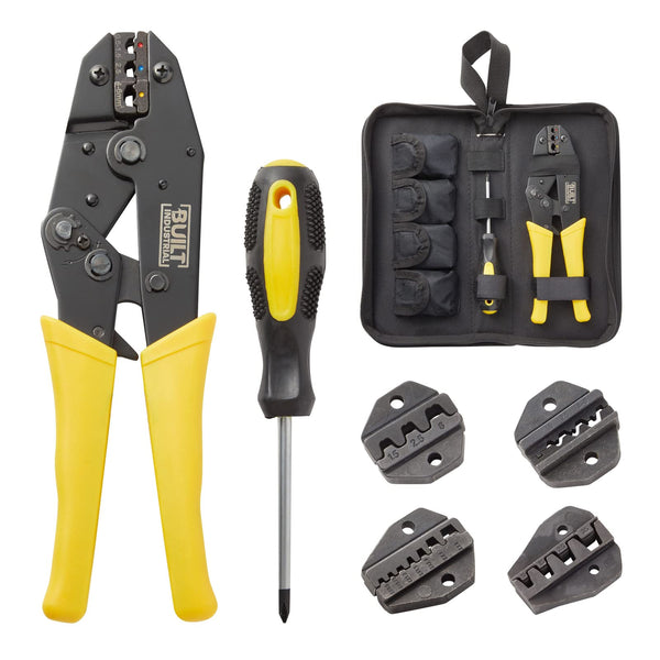 Built Industrial 5 Piece Ratcheting Wire Crimping Tool Set for Heat Shrink Connectors, Electricians, Electrical Connectors (Black and Yellow) - image 1