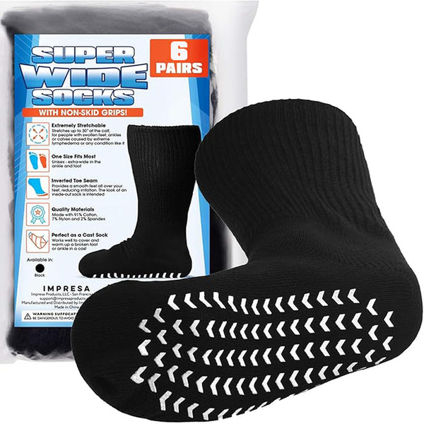 IMPRESA Super Wide Grip Socks for Men and Women – Extra Wide Non-Slip Diabetic Socks for Swollen Feet & Ankles – Big & Tall Edema Socks with Grippers –Stretchy Fit for Wide Calves – 6 Pack (Black) - image 1
