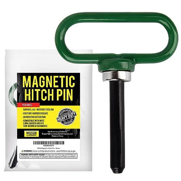 Mission Automotive Magnetic Hitch Pin - Strong Neodymium Magnet - One-Hand Quick Release Trailer Hitch Pin - Fits Most Lawn & Tow-Behind Attachments & Magnetic Cart Hook - 4x25 mm, Green Neodymium - image 1