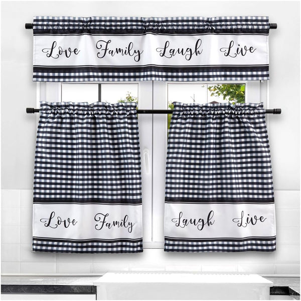 Farmlyn Creek 3-Pc Kitchen Curtains & Valance Set - Farmhouse Kitchen Decor Buffalo Check Pattern - Semi-Sheer Window Curtains Over Sink - 3-Pc Tier Panel Set - Black & White, 29 x 36 in - image 1