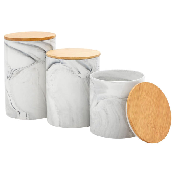 Farmlyn Creek Ceramic Jar Set - Airtight Wood Lids for Kitchen Countertop Jars - White Marble Ceramic Food Storage Containers with Lids - Coffee & Sugar Container Set - 5.9", 4.9", 3.9" - image 1