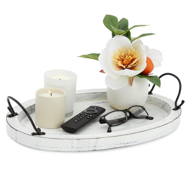 Farmlyn Creek Wooden Tray - 16 x 11 x 2 in, Rustic White Oval - Serving Platter With Handles for Coffee Table Decor & Bed Tray Use - Table Centerpiece for Farmhouse Decor - image 1