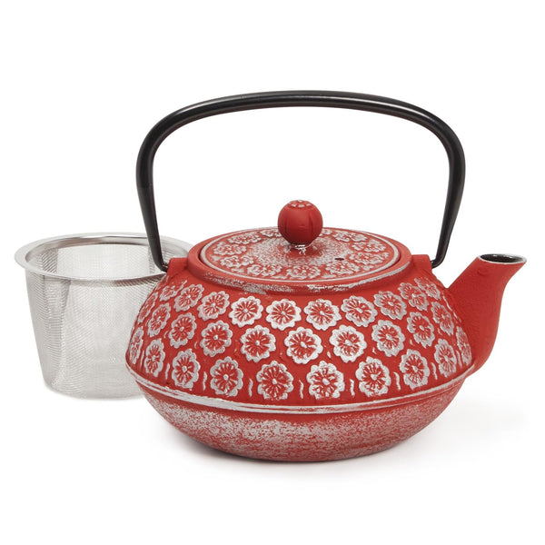Juvale Red Floral Cast Iron Teapot Kettle - Superior Heat Retention & Stovetop Tea Kettle - Built-In Infuser & Loose Leaf Tea Pot - Red, 34 oz - image 1