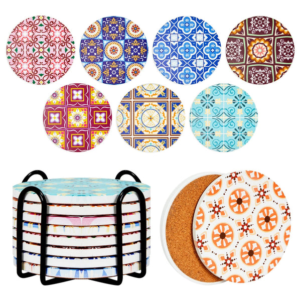 Okuna Outpost Mediterranean Tile Coasters Set of 8 - 4-Inch Round Ceramic Multicolor With Cork Base - Iron Holder Included - Round Tile Coasters for Home & Patio Protection - image 1