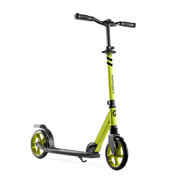 Lascoota Aluminum Kick Scooter - Foldable Adult Scooter with Front Suspension - Youth Ride with Handlebars & Rear Brake - Teen Ride - Neon Green, 8-Inch Wheels, 220-lb Max - image 1