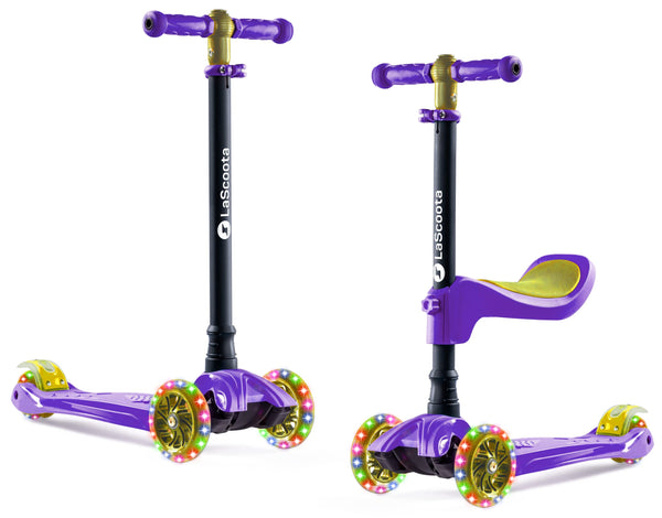 Lascoota 2-in-1 Kick Scooter with Seat - Lean-to-Steer Balance 3 Wheel Scooter - for 3-Year-Old Gifts - Purple & Yellow, Ages 3-12 - image 1
