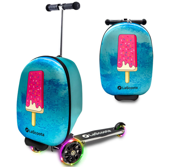 Lascoota Scooter Suitcase - Foldable 2-in-1 Luggage - LED Light Wheels & Lightweight Carry Luggage - Overhead-Ready Carry Suitcase for Kids - Ice Cream, 17.3 x 12.4 x 8.7 in - image 1
